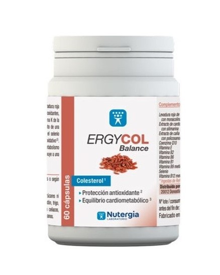 Bote de 60 cápsulas de Ergycol Balance de Laboratorios Nutergia, complemento alimenticio natural para regular el colesterol y proteger el sistema cardiovascular.