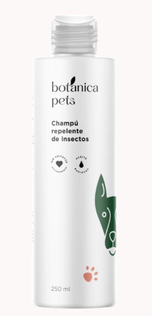 Envase de champú repelente BotanicaPets formulado con ingredientes naturales