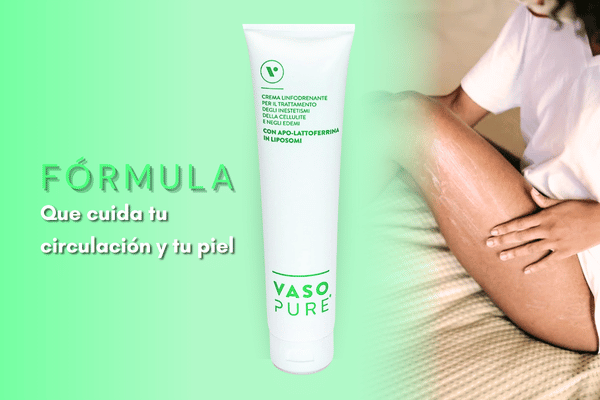 Crema Linfodrenante Vasopure, formula que cuida tu circulación. Sale una mujer aplicandose una crema en las piernas y el producto en medio