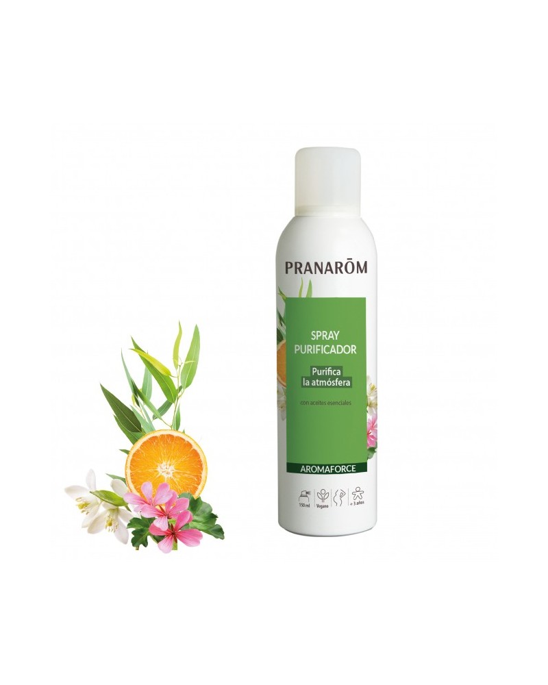  spray purificador de AROMAFORCE de 150 ml, formulados con aceites esenciales naturales como Naranja Dulce y Ravintsara, ideales para purificar el aire y mejorar el bienestar